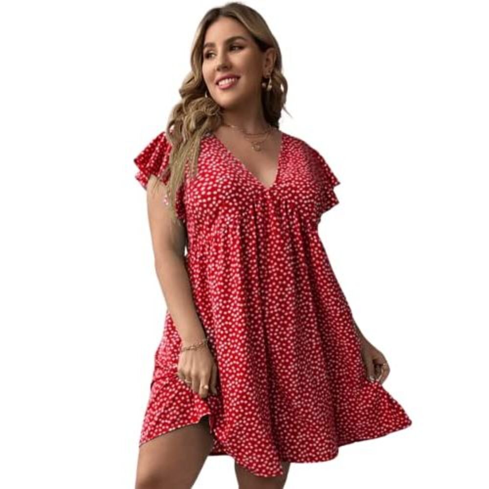 Floerns Women's Plus Size Floral V Neck Ruffle Sleeve Short Summer Dress A Red